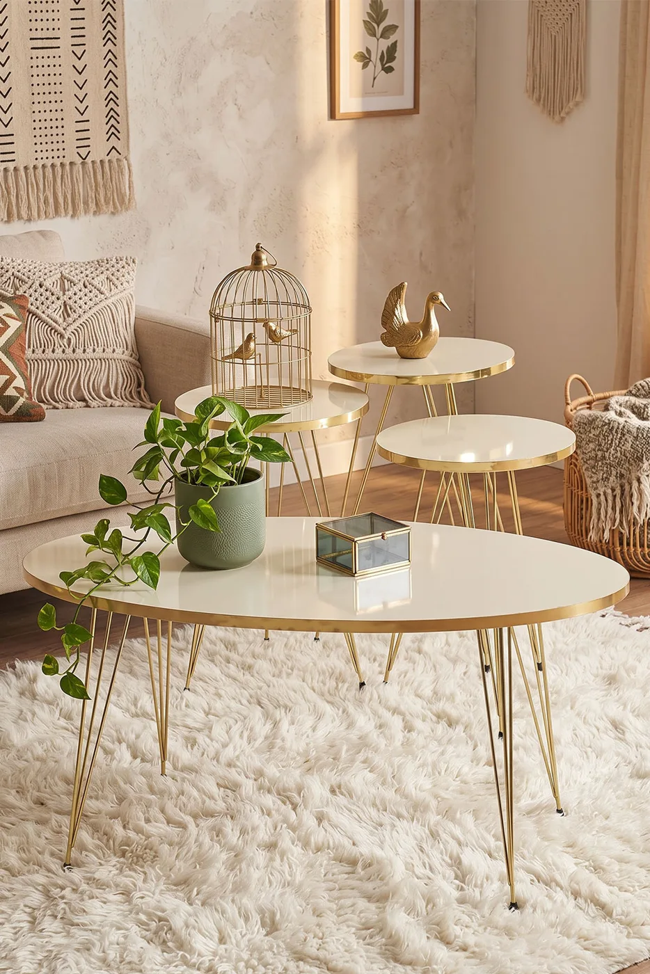 Nesting Table and Coffee Table Ellipse Set Gold Cream Wire