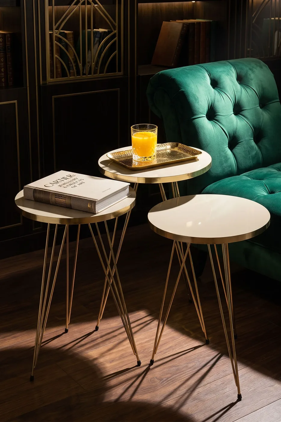 Nesting Table and Coffee Table Ellipse Set Gold Cream Wire