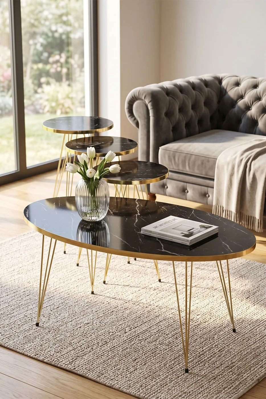 Nesting Table and Coffee Table Ellipse Set Gold Bendir Wire