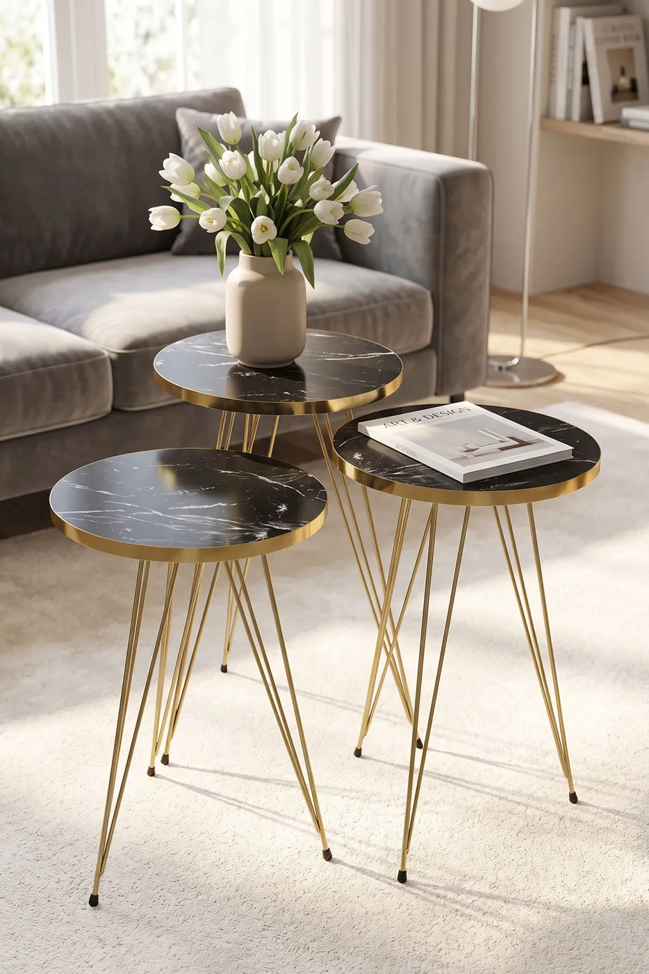 Nesting Table and Coffee Table Ellipse Set Gold Bendir Wire