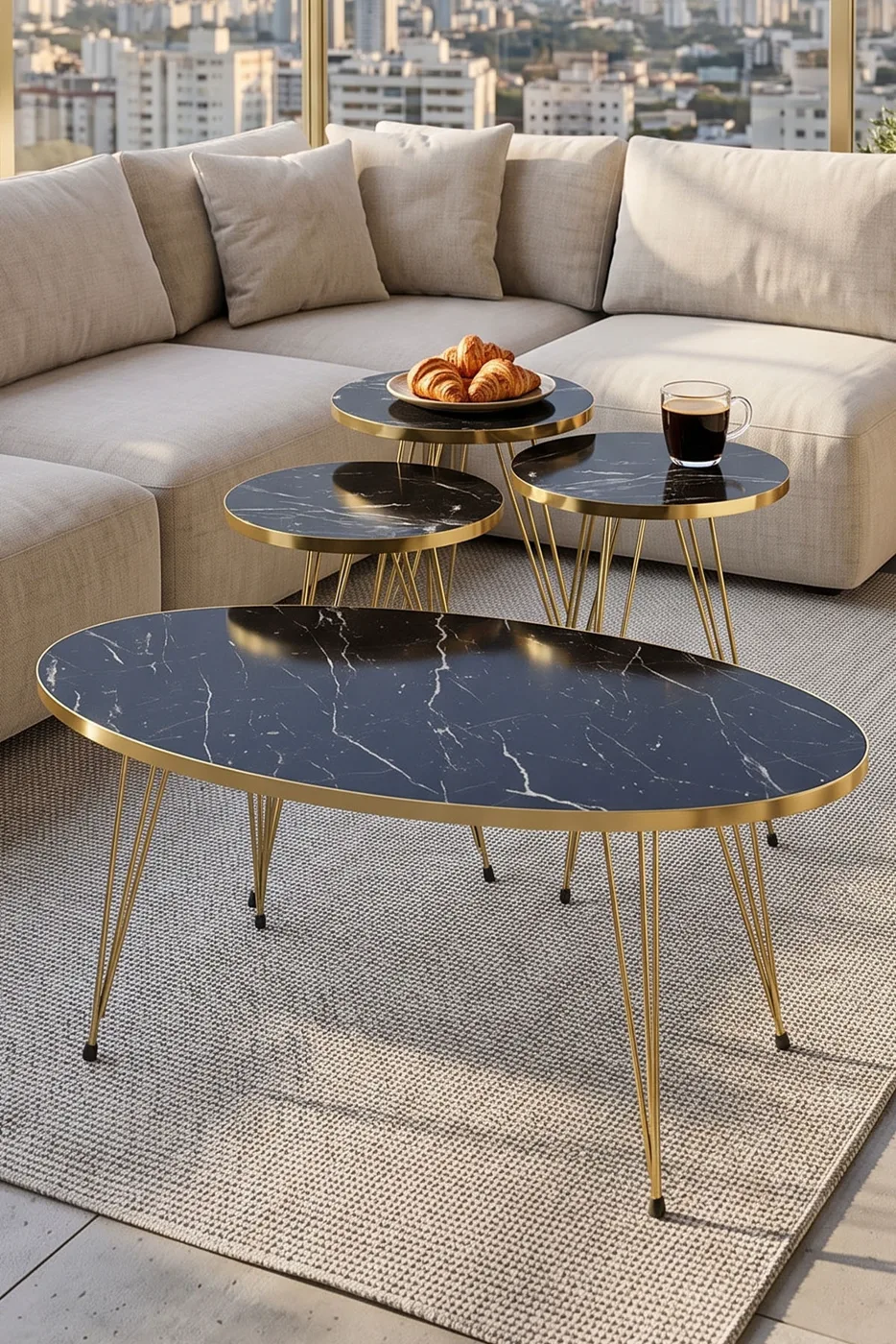 Nesting Table and Coffee Table Ellipse Set Gold Bendir Wire