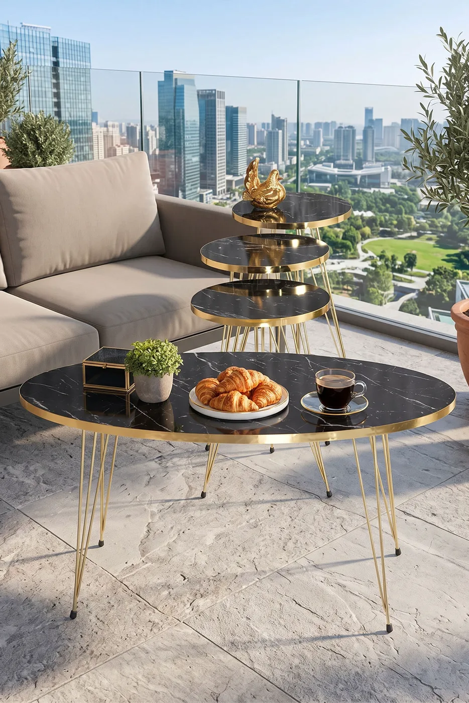 Nesting Table and Coffee Table Ellipse Set Gold Bendir Wire
