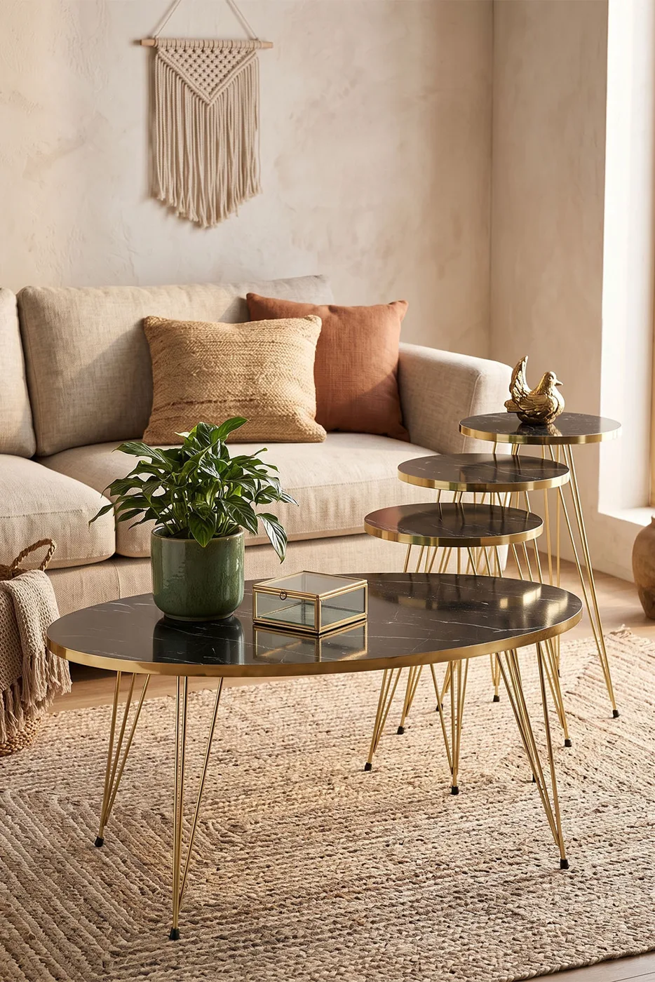 Nesting Table and Coffee Table Ellipse Set Gold Bendir Wire
