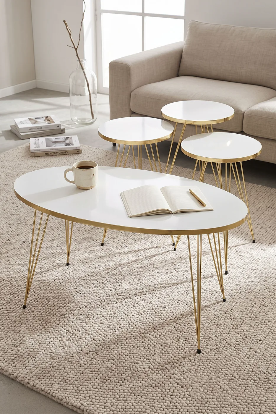 Nesting and Coffee Table White Elliptical Set Gold Wire-legged