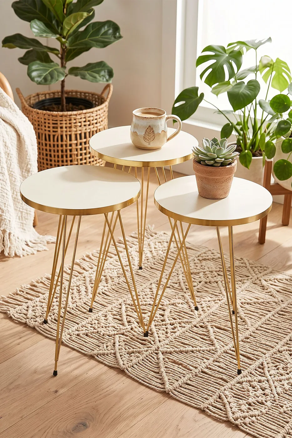 Nesting and Coffee Table White Elliptical Set Gold Wire-legged