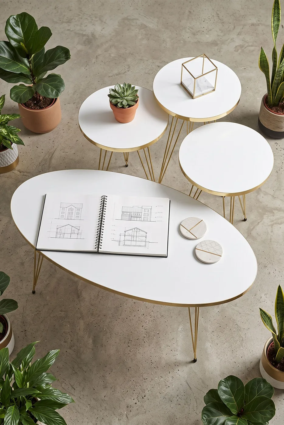 Nesting and Coffee Table White Elliptical Set Gold Wire-legged