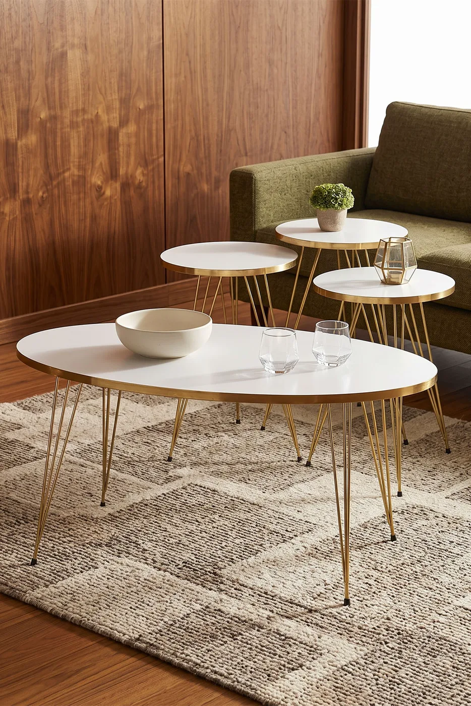Nesting and Coffee Table White Elliptical Set Gold Wire-legged