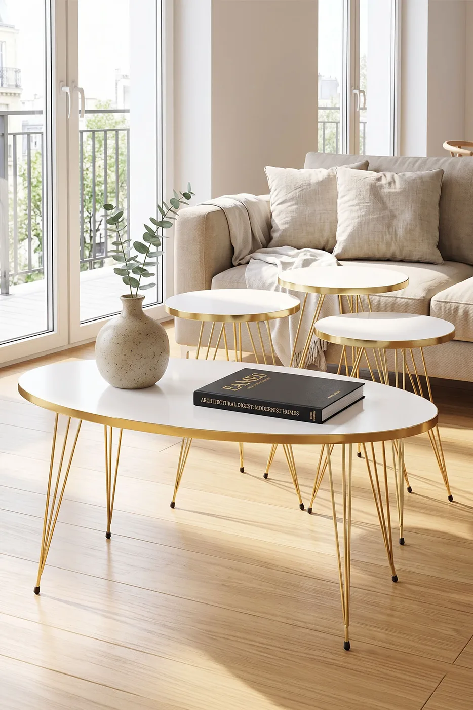 Nesting and Coffee Table White Elliptical Set Gold Wire-legged