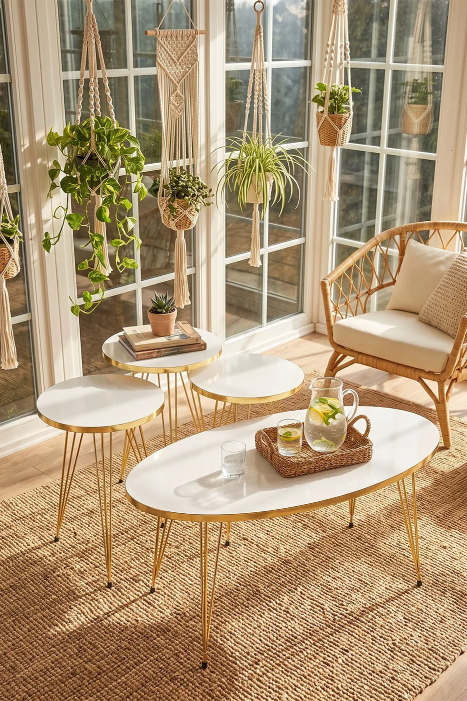 Nesting and Coffee Table White Elliptical Set Gold Wire-legged