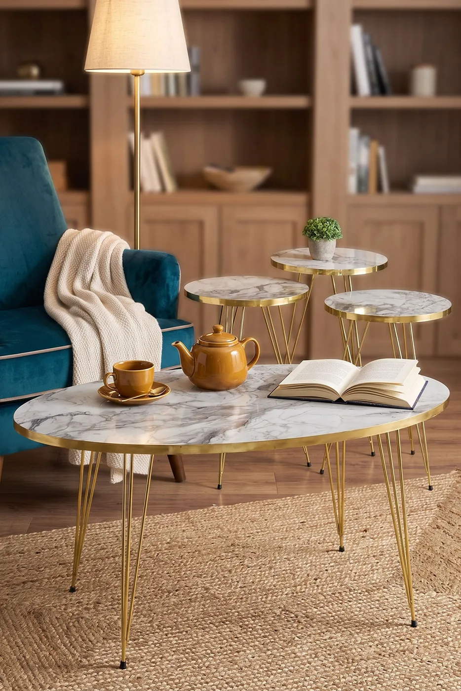 Nesting and Coffee Table Elliptical Set Gold Efes Wire-legged