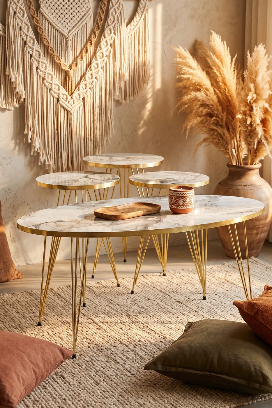 Nesting and Coffee Table Elliptical Set Gold Efes Wire-legged