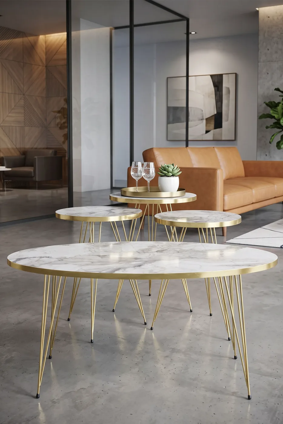 Nesting and Coffee Table Elliptical Set Gold Efes Wire-legged
