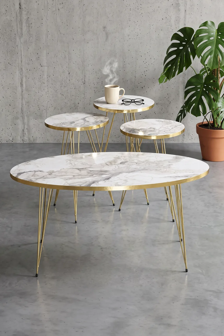 Nesting and Coffee Table Elliptical Set Gold Efes Wire-legged